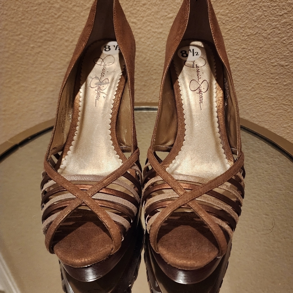 Jessica Simpson Leather Brown Gold Silver Heels Size 8.5B - Picture 3 of 7